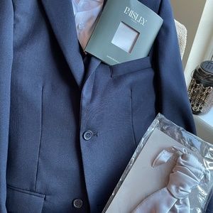 Boys Navy suit with silver cravat and silver hanky- Charles